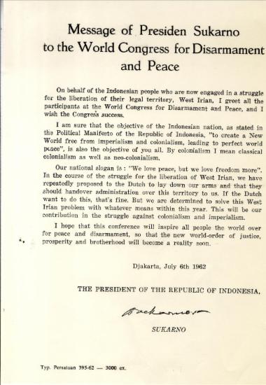 Message of president Sukarno to the World Congress for Disarmament and Peace