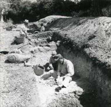 Scene from the excavations at the Palace of Nestor with a supervising archaeologist