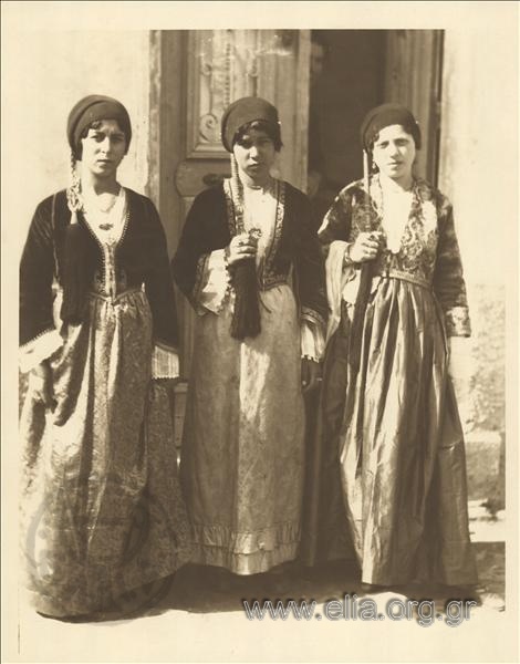 Portrait of three women in a traditional costume from Mesolongi.