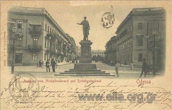 Odessa. Ausgang vom Nicolaiboulevard und Richelieudenkmal.
