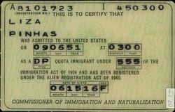 Identity card, Liza Pinhas, immigrant to the U