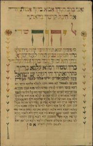 Rectangular piece of paper with Tetragrammaton and prayers written in bright colours.