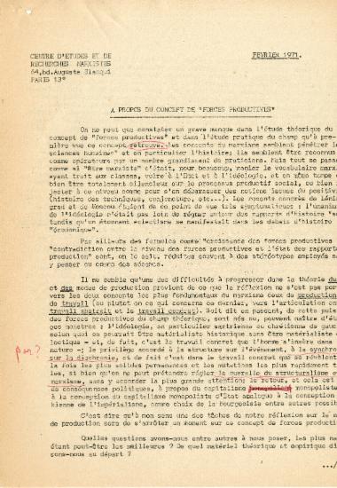 Κείμενο του  Κέντρου Μαρξιστικών Μελετών και Ερευνών (Παρίσι) με τίτλο A propos du concept de 'forces productives'.