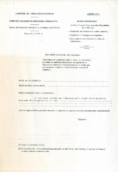 Έντυπο του Υπουργείου Παιδείας της Γαλλίας για την κατάθεση υποψηφιότητας για εγγραφή στη λίστα καταλληλότηtας για πόστο Maître assistant.