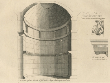 Τομή του υδραυλικού ρολογιού του Ανδρονίκου Κυρρήστου (Πύργου των Αέρηδων). Τμήμα της έβδομης μορφής που καλύπτεται από τον τοίχο του γειτονικού κτιρίου. Εσωτερικό γείσο.