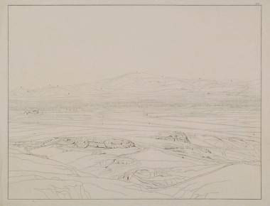 Σχέδιο: Η θέα από τον Λόφο των Μουσών προς τα δυτικά, τον Κορυδαλλό και το όρος Αιγάλεω.