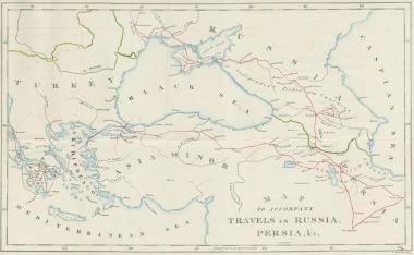 Χάρτης του τεξιδιού του Τόμας Άλκοκ (Thomas Alcock) στην Ελλάδα, την Οθωμανική Αυτοκρατορία, τη Ρωσία και την Περσία.