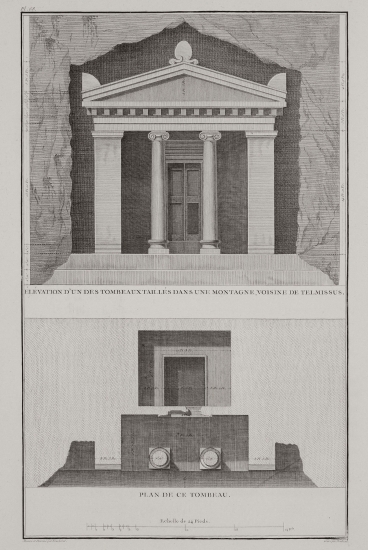 Όψη και κάτοψη λαξευτού τάφου κοντά στην Μάκρη (αρχαία Τελμησσό και σήμερα Φετχιγιέ).