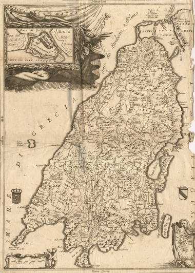 Χάρτης της Λευκάδας με κάτοψη του κάστρου της Αγίας Μαύρας.