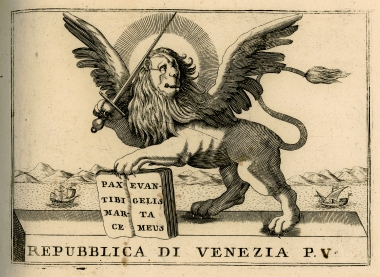 Προμετωπίδα, ο Λέων της Βενετίας, το έμβλημα της Γαληνοτάτης Δημοκρατίας της Βενετίας.