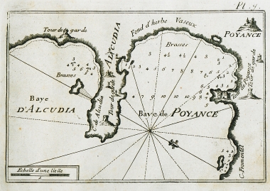 Χάρτης του κόλπου της Πολένσα και του κόλπου στο βόρειο τμήμα της πόλης Αλκούντια στη Μαγιόρκα.