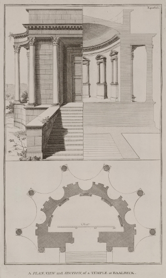 Άποψη, τομή και κάτοψη του ναού της Αφροδίτης στο Μπάαλμπεκ.