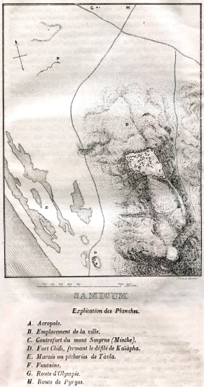 Τοπογραφικός χάρτης του Σαμικού. Στην περιοχή ταυτίζεται η αρχαία πόλη που έλαβε διαδοχικά τις ονομασίες Μάκιστος, Αρήνη και τέλος Σαμία ή Σαμικόν ή Σάμος.