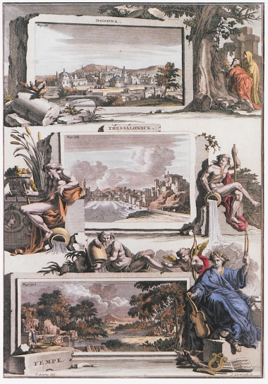 Άποψη της Δωδώνης, της Θεσσαλονίκης (φανταστικές απεικονίσεις) και της κοιλάδας των Τεμπών με πλαίσιο μυθολογικές παραστάσεις. Από την έκδοση: Jacobus Gronovius, Thesaurus Graecarum Antiquitatum, 1699.