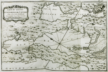 Χάρτης του κόλπου του Κοτόρ (το αρχαίο Ασκρήβιον, και Κάταρο υπό τη βενετική διοίκηση), στο Μαυροβούνιο.