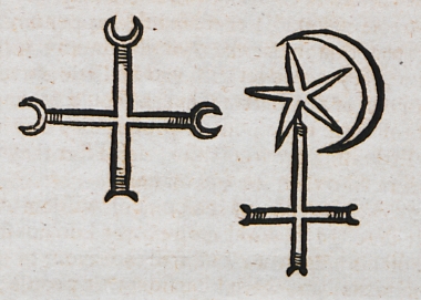 Σταυρός στις άκρες του οποίου έχει τοποθετηθεί η ημισέληνος. Τέτοιοι σταυροί συναντώνται, κατά τον συγγραφέα, στις εκκλησίες των επαρχιών της Ουγγαρίας, οι οποίες πληρώνουν φόρο υποτέλειας στον Σουλτάνο. Τα σύμβολα της Οθωμανικής σημαίας, το αστέρι και η ημισέληνος, πάνω στον σταυρό του Καθεδρικού Ναού του Αγίου Στεφάνου στη Βιέννη.