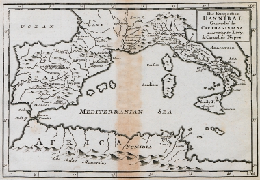 Χάρτης της εκστρατείας του Αννίβα (Β΄Καρχηδονιακός Πόλεμος), σύμφωνα με τις περιγραφές των ρωμαΐων ιστορικών Λίβιου και Νέπωτα.