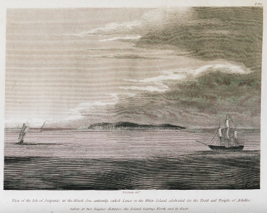 Άποψη του Φιδονησιού στη Μαύρη Θάλασσα. Κατά την παράδοση η Θέτις μετέφερε στο Φιδονήσι τις σορούς του Αχιλλέα και του Πατρόκλου.