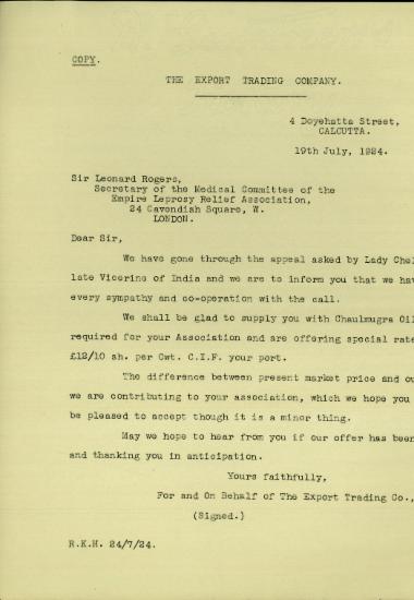 Επιστολή της Export Trading Company προς τον Leonard Rogers σχετικά με την προμήθεια της British Empire Leprosy Relief Association με chaulmugra oil.