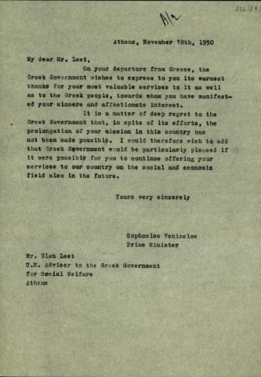 Επιστολή του Σ. Βενιζέλου προς τον σύμβουλο του ΟΗΕ στην Ελληνική Κυβέρνηση για θέματα κοινωνικής πρόνοιας, Glen Leet, με την οποία του εκφράζει τις ευχαριστίες του για τις υπηρεσίες που προσέφερε στην Ελλάδα αλλά και τη λύπη του για την αποχώρησή του από αυτή.