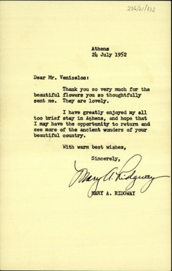 Επιστολή της Mary A. Ridgway προς τον Σ. Βενιζέλο με την οποία τον ευχαριστεί για την αποστολή λουλουδιών.