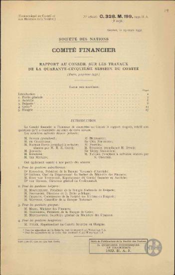 Société des Nations. Comité Financier. Rapport au conseil sur le travaux de la quarante-cinquième session du comité. (Paris, 3-24 Mars 1932).