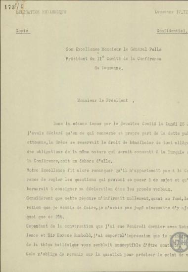 Επιστολή του Ε.Βενιζέλου προς τον M.Pelle σχετικά με τους όρους συμμετοχής της Ελλάδας στο οθωμανικό δημόσιο χρέος.