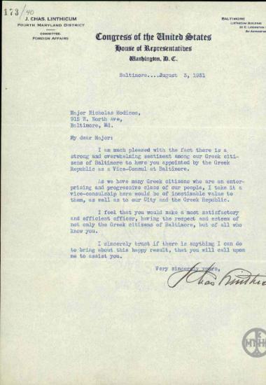 Επιστολή του J.Chas. Linthicum προς τον N. Modinos σχετικά με το διορισμό υποπροξένου στη Βαλτιμόρη.
