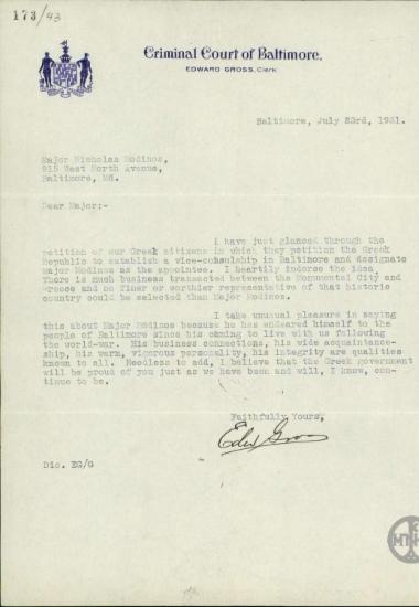 Επιστολή του Edward Gross προς τον Ν. Μοδινό σχετικά με τον διορισμό υποπροξένου στη Βαλτιμόρη.
