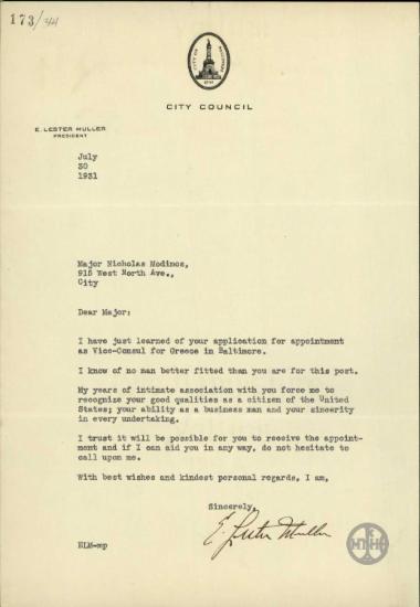 Επιστολή του E. Lester Muller προς τον Ν. Μοδινό σχετικά με το διορισμό υποπροξένου στη Βαλτιμόρη.