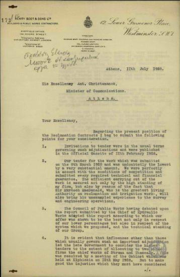 Επιστολή του Charles Boot προς τον Υπουργό Συγκοινωνίας Αντ. Χρηστομάνο, σχετικά με τα αποξηραντικά έργα.
