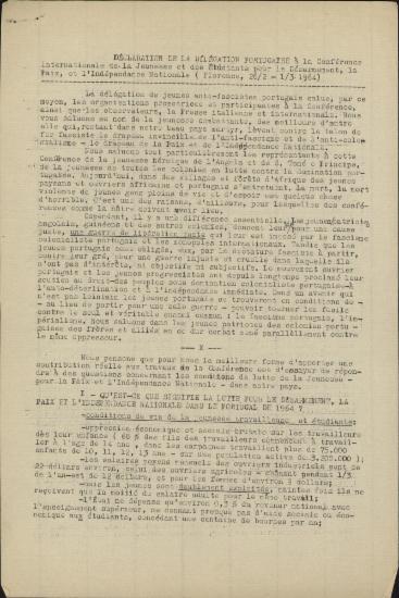 Declaration de la delegation portugaise a la Conference Internationale de la Jeunesse et des Etudiants pour le Desarmement, la Paix et l Independance Nationale (Florence, 26/2 - 1/3/1964)