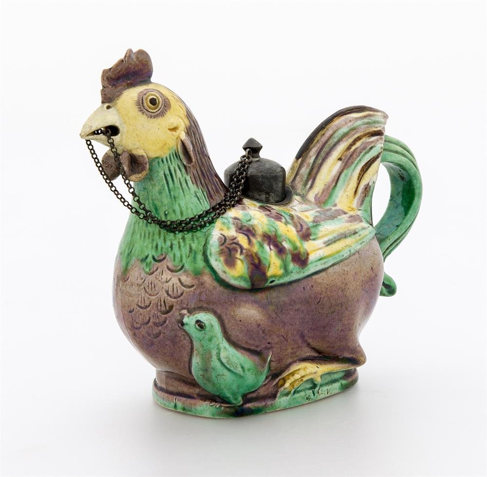 Hen and two chicken ewer, porcelain with painted enamels