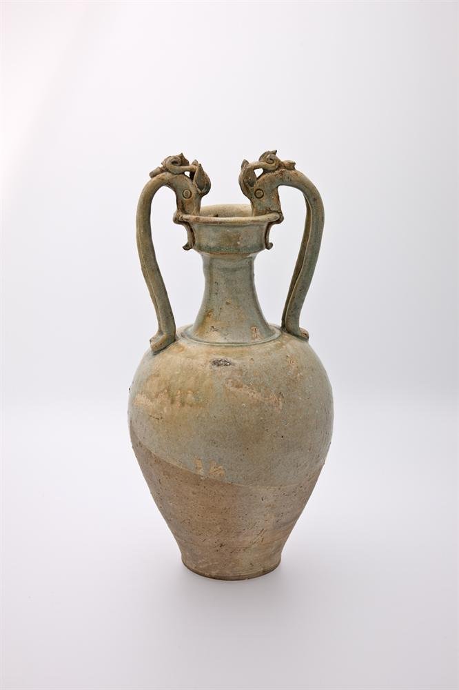 Twin-handled vase (amphora) of earthenware with green glaze