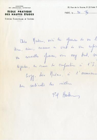 Επιστολή του Paul Hartmann προς την Ελένη Αντωνιάδη Μπιμπίκου αναφορικά με την εικονογράφηση του βιβλίου της Études d'histoire maritime de Byzance