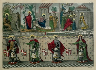 Τοιχογραφίες από την εκκλησία του Αγίου Γεωργίου του Χωστού στη Φιλέρημο της Ρόδου. Σκηνές από τη ζωή της Παρθένου Μαρίας. Ιωαννίτες ιππότες με τους προστάτες αγίους τους.