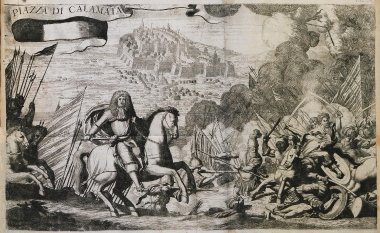 Άποψη της Καλαμάτας. Στο πρώτο επίπεδο, η νίκη των Βενετών επί των Οθωμανών και η κατάληψη της πόλης.