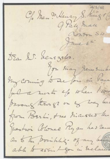Επιστολή του R.H. Ewart προς τον Ε.Βενιζέλο, με την οποία διαβιβάζει έγγρφο για τη δράση του.