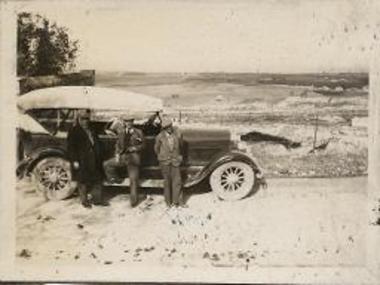 Acrocorinth 1936. D. Canaday, Kimon, Mitsos, Yannis, the School's  trip drivers, one of three cars