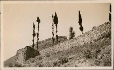 Mystras. Stonewall with watchtower and cyprus trees