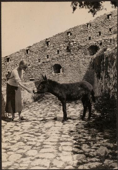 Castle of Palamedi. Woman feeding a donkey in the Castle
