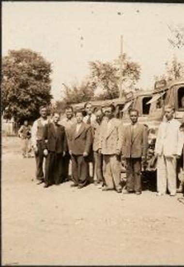 Thessaloniki. L.C. Zamvrecas and drivers of WILLYS buses