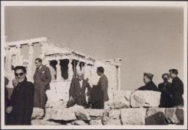 William B. Dismoor lecturing on the Acropolis. Roger Edwards, Mabel Lang, Eugene Vanderpool