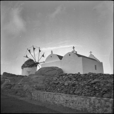Myconos. Church with windmill