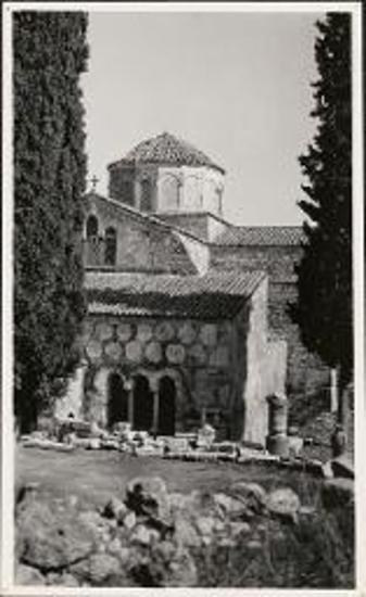 Mystras. Byzantine church framed by cypress trees