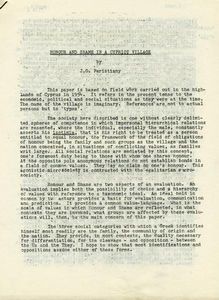 Honour and shame in a Cypriot Village