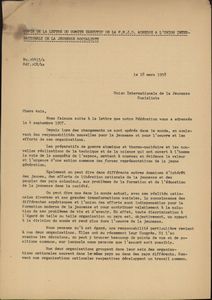 Copie de la lettre du Comite Executif de la F.M.J.D. adresse a l Union Internationale de la Jeunesse Socialiste
