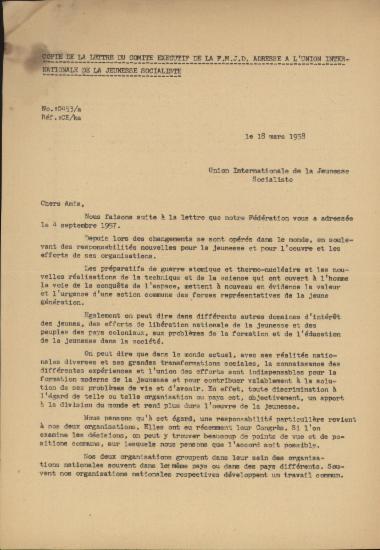 Copie de la lettre du Comite Executif de la F.M.J.D. adresse a l Union Internationale de la Jeunesse Socialiste