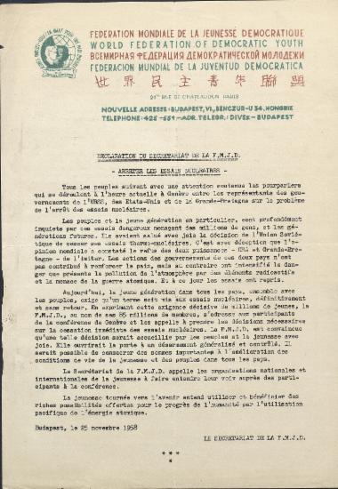 Declaration du Secretariat de la F.M.J.D. - Arreter les Essais Nucleaires -