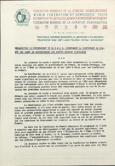 Declaration du Secretariat de la F.M.J.D. concernant la Conference au Sommet des chefs de gouvernement des quatre grandes puissances